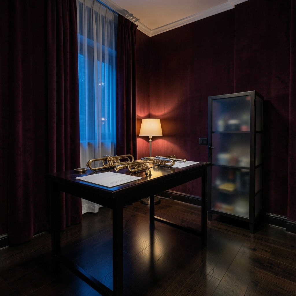 Night interior of a velvet-walled studio with a long lacquered table and a smoked glass cabinet