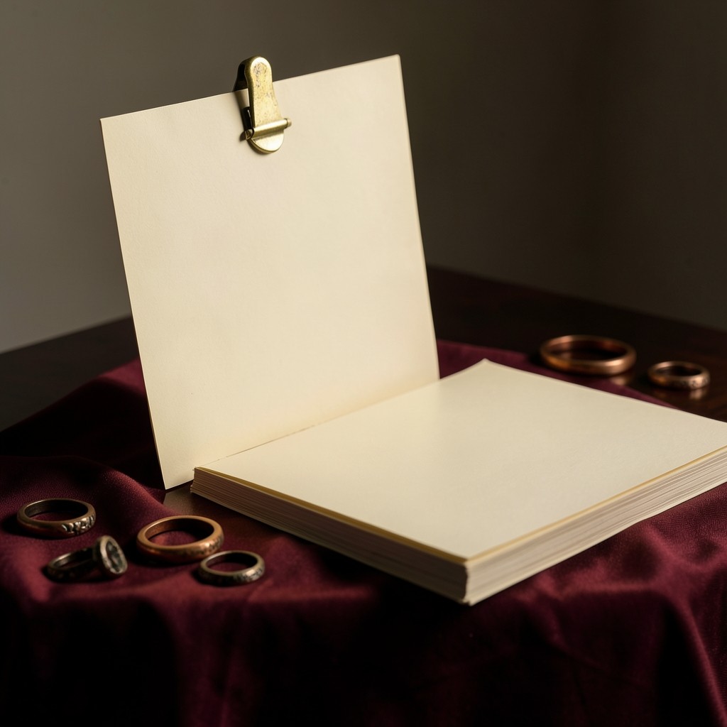 A thick stack of paper set aside from one upright sheet on a lacquered table