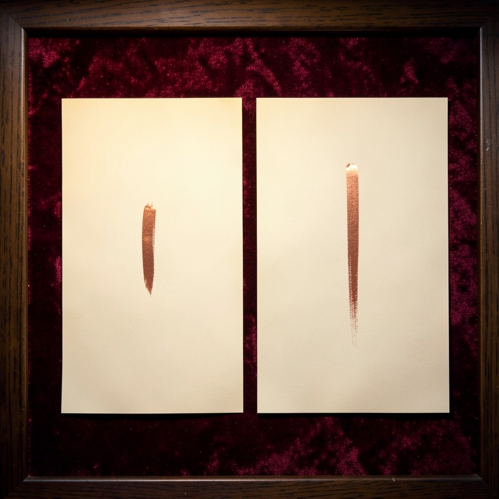 Two sheets side by side on burgundy cloth, one with a short copper mark and one with a taller mark