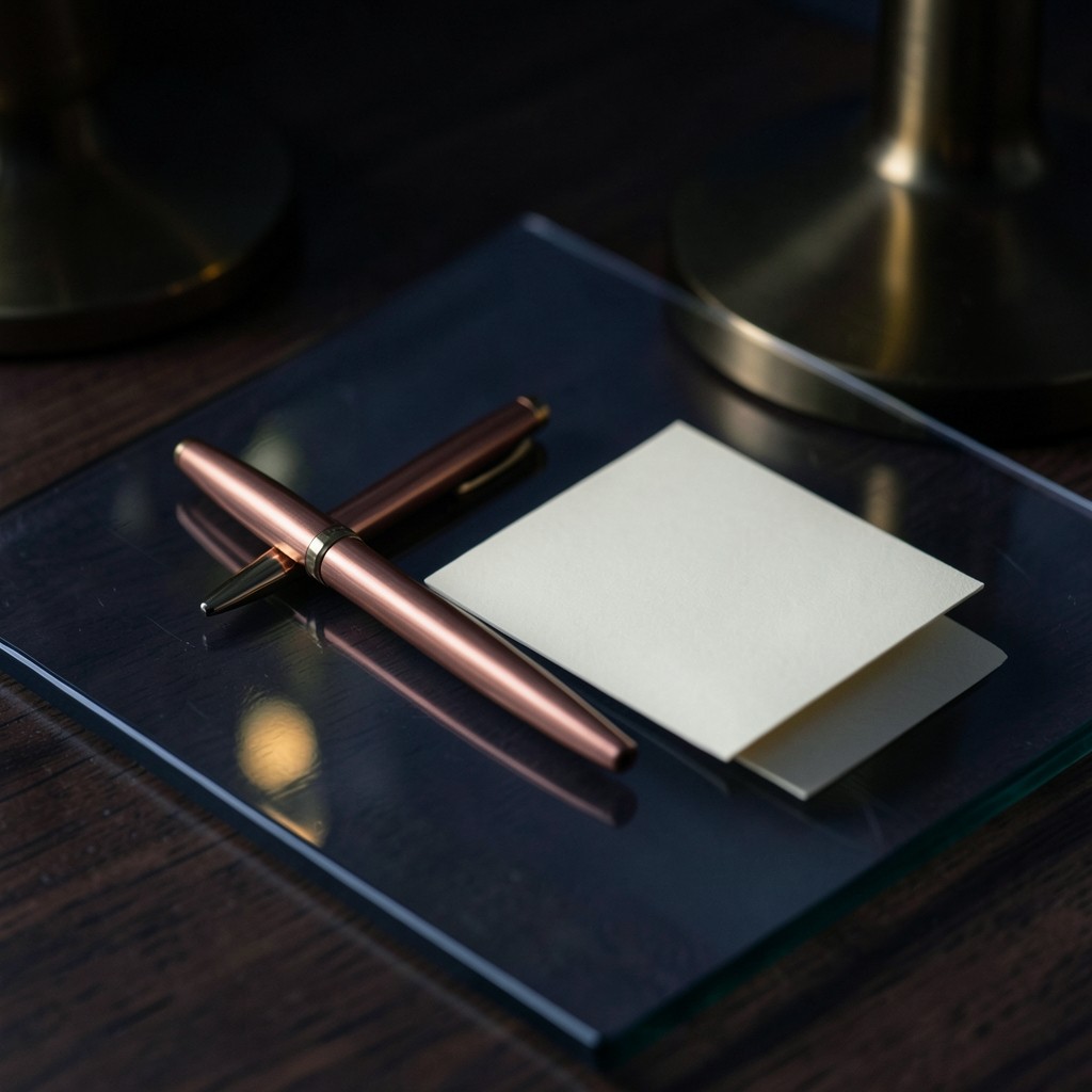 A copper pen beside a blank cream card on smoked glass in a dim room