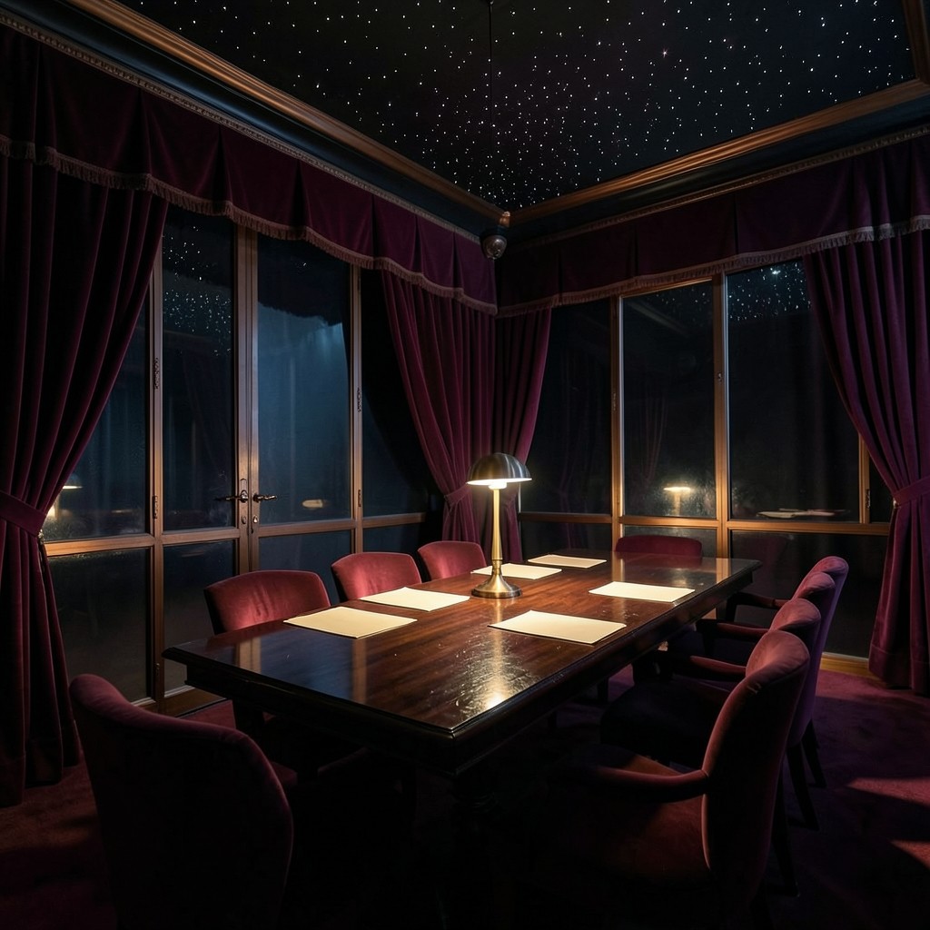 A night room with burgundy velvet walls, a long lacquered table, and cream sheets under a brass lamp