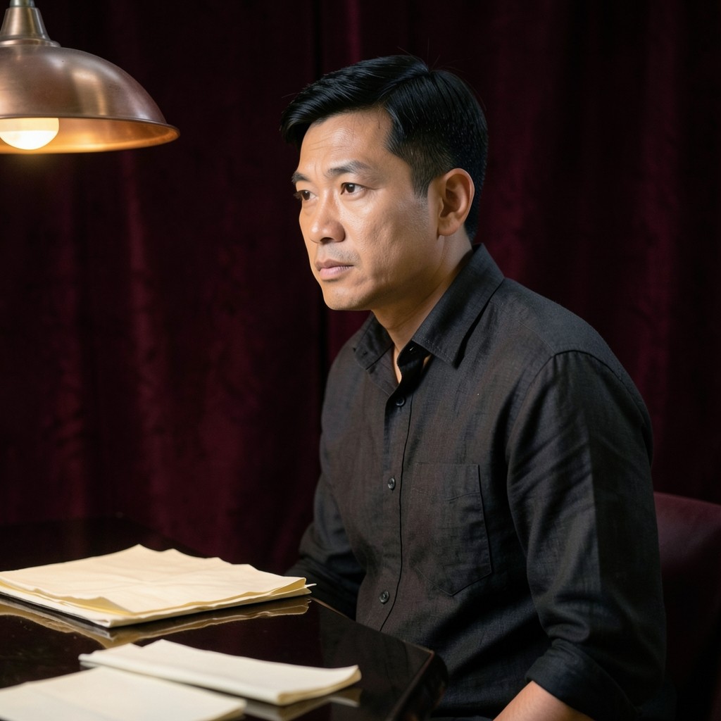 Portrait of a Thai man in his mid-thirties standing at a dark wood table with cream sheets