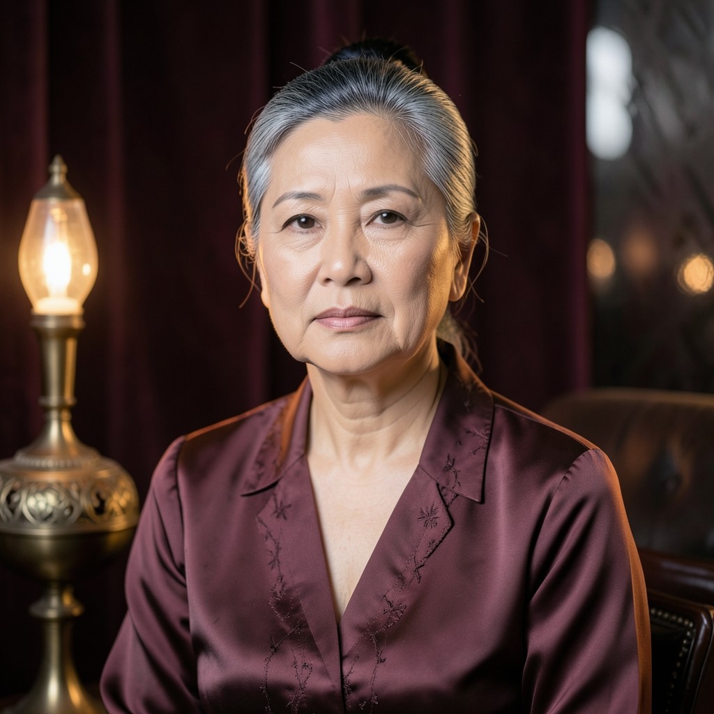 Portrait of a Thai woman in her early fifties seated beside a brass lamp in a velvet room