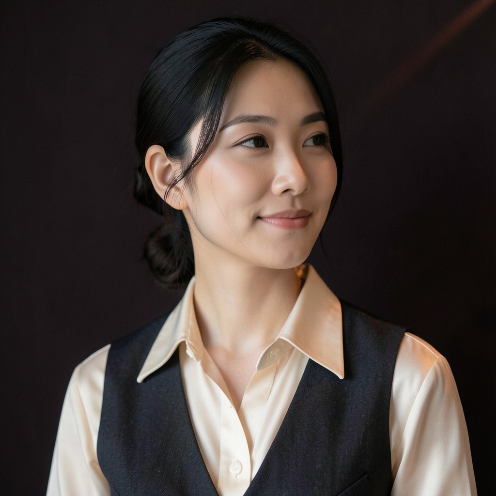 Portrait of a Thai woman in her early thirties in an ivory shirt against a dark plum wall