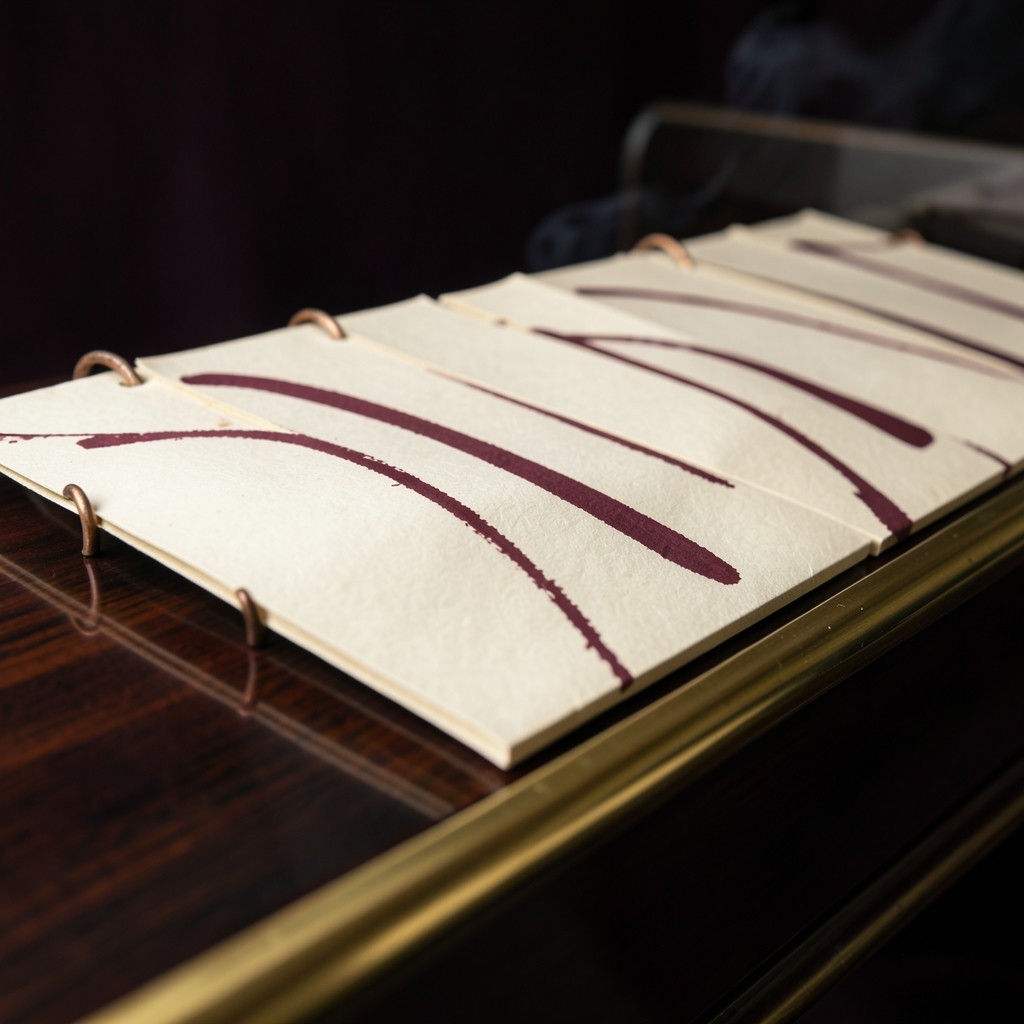 A sequence of large cream sheets clipped with copper rings on dark lacquered wood