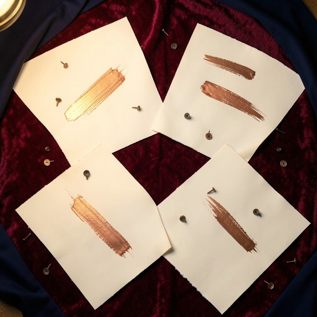 Four cream sheets arranged in a loose circle with copper pins on burgundy cloth