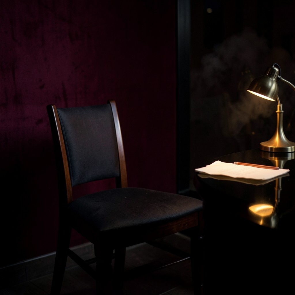 A single chair, a brass lamp, and one cream sheet on a lacquered table at night