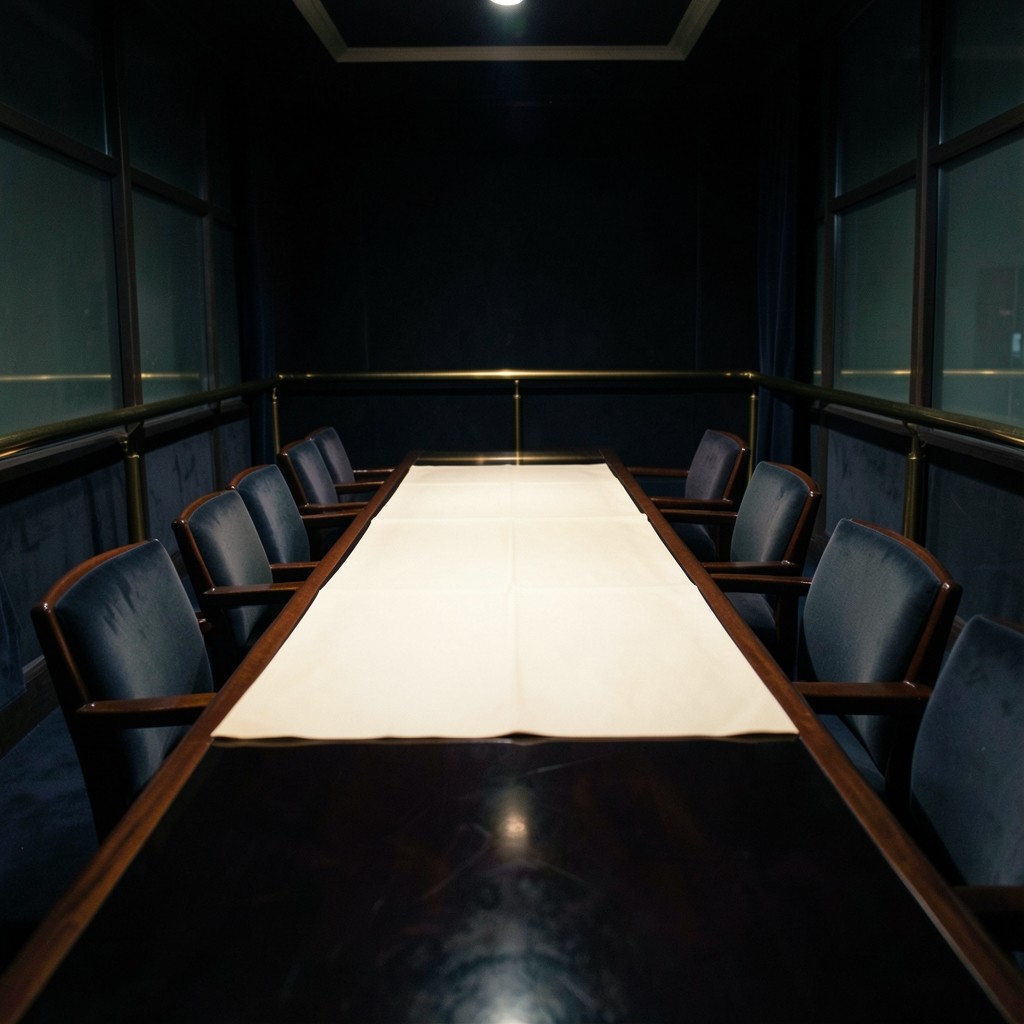 A long lacquered table seen from one end, with cream sheets laid in a path and empty chairs